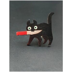Кот с ножом, черный кот, значок деревянный, брошь на одежду, значок на рюкзак