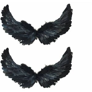 Крылья ангела черные перьевые карнавальные большие 60х35см, на Хэллоуин и Новый год (2 пары в наборе)