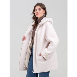 Куртка , овчина, средней длины, оверсайз, карманы, капюшон, размер 50, белый