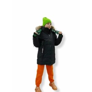 Куртка зимняя, удлиненная, размер 164/76, черный, зеленый
