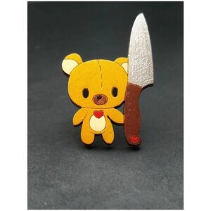 Медведь с ножом, медвежонок Тедди, значок деревянный, брошь на одежду, значок на рюкзак
