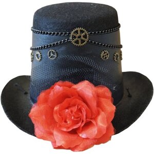 Мини шляпка в стиле стимпанк с красным цветком