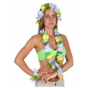Набор гавайская тема 4в1 (ожерелье+ венок+2 браслета) многоцветные цветы 324713