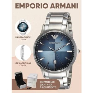 Наручные часы EMPORIO ARMANI Renato Мужские наручные часы Emporio Armani черные кварцевые оригинальные, голубой, серебряный