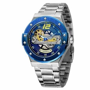 Наручные часы Forsining 2023 роскошные автоматический водостойкий скелетон мужчины, серебряный, синий
