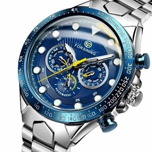 Наручные часы Forsining Forsining Мужские автоматические синие спортивные часы с ремешком из нержавеющей стали Водонепроницаемые часы Механические бизнес-часы, синий