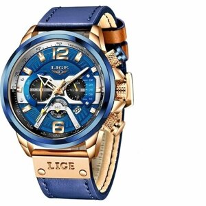 Наручные часы LIGE LIGE 8917 повседневные светящиеся спортивные часы для мужчин высшего качества военные кожаные наручные часы, синий