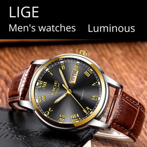 Наручные часы LIGE мужские кварцевые роскошные деловые водонепроницаемые классические /черные/черный