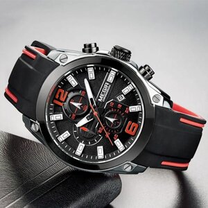 Наручные часы Megir Кварцевые мужские спортивные 2063GRE водонепроницаемые с хронографом, красный, серебряный