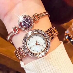 Наручные часы Женские кварцевые с браслетом, циферблат 28 см, со стразами из циркона, золотой