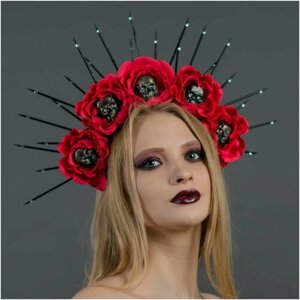 Ободок женский с черепом Готический ободок для волос фотосессии Корона с красными цветами розами и шипами для маскарада, Хеллоуина Фотореквизит