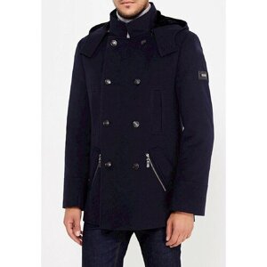 Пальто Berkytt, демисезон/зима, шерсть, силуэт полуприлегающий, укороченное, капюшон, карманы, двубортное, утепленное, размер 52/182, синий