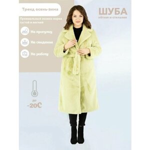 Пальто Prima Woman, искусственный мех, средней длины, силуэт прямой, пояс/ремень, размер 3XL, зеленый