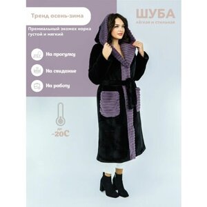 Пальто Prima Woman, искусственный мех, удлиненное, силуэт прямой, карманы, капюшон, пояс/ремень, размер M, черный