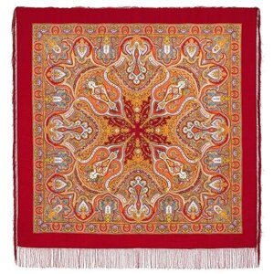 Павловопосадские платки/Шерстяной платок с шелковой бахромой, 710 Испанский, вид 5, красный