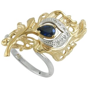 Перстень Альдзена Жар-птица, белое, желтое, комбинированное золото, 585 проба, родирование, бриллиант, сапфир, размер 16.5, желтый, белый