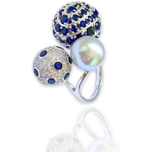Перстень серебро, 925 проба, родирование, жемчуг Swarovski синтетический, размер 18, белый, синий