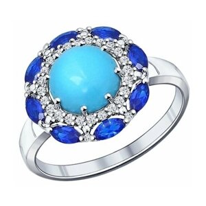 Перстень SOKOLOV Кольцо из серебра с бирюзой и синими фианитами 18 размер, серебро, 925 проба, родирование, бирюза синтетическая, фианит, размер 18, голубой, серебряный