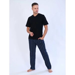 Пижама IHOMELUX, брюки, футболка, карманы, пояс на резинке, трикотажная, размер 56, голубой, черный
