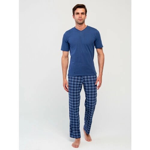 Пижама IHOMELUX, брюки, футболка, карманы, пояс на резинке, трикотажная, размер 58, синий