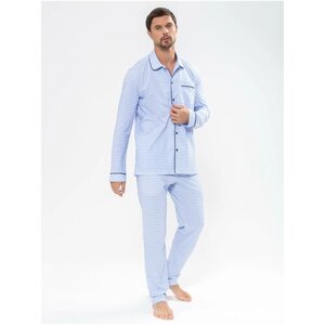Пижама Ihomewear, брюки, рубашка, карманы, трикотажная, пояс на резинке, размер XL (170-176), белый, голубой
