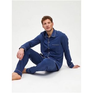 Пижама Ihomewear, брюки, рубашка, карманы, трикотажная, пояс на резинке, размер XL (182-188), синий