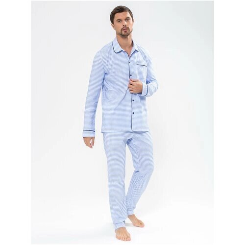 Пижама Ihomewear, брюки, рубашка, карманы, трикотажная, пояс на резинке, размер XXL (164-170), белый, голубой