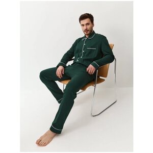 Пижама Ihomewear, брюки, рубашка, карманы, трикотажная, пояс на резинке, размер XXL (182-188), зеленый