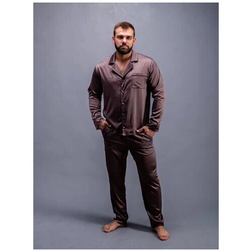 Пижама мужская домашняя (шёлк), комплект с брюками и рубашкой, Цвет шоколад, Размер 48