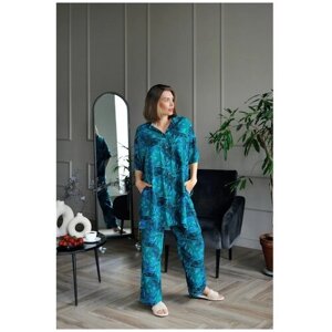 Пижама Pijama Story, рубашка, брюки, укороченный рукав, пояс на резинке, пояс, карманы, размер S, синий