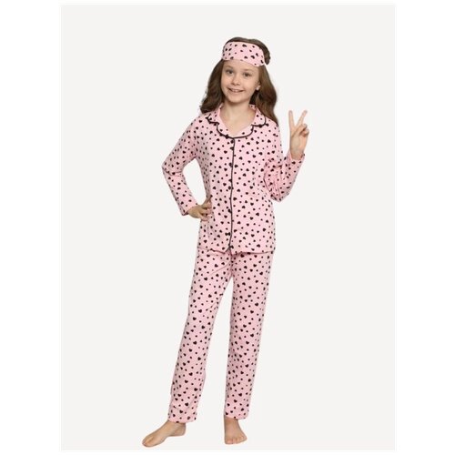 Пижама ПижаМасс, брюки, рубашка, пояс на резинке, размер 116, розовый