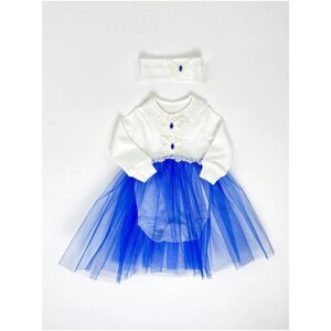 Платье-боди Стеша, хлопок, нарядное, застежка под подгузник, размер 22 (68-74), синий, белый
