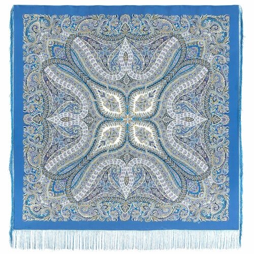Платок Павловопосадская платочная мануфактура,130х130 см, синий, бежевый