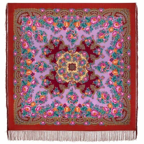 Платок Павловопосадская платочная мануфактура,146х146 см, бордовый, фиолетовый