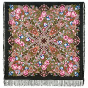 Платок Павловопосадская платочная мануфактура,146х146 см, черный, розовый
