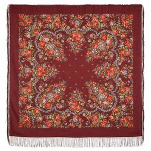 Платок Павловопосадская платочная мануфактура,146х146 см, коричневый, бордовый