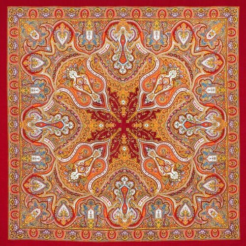 Платок Павловопосадская платочная мануфактура, 146х146 см, оранжевый, красный