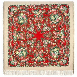 Платок Павловопосадская платочная мануфактура,146х146 см, зеленый, красный