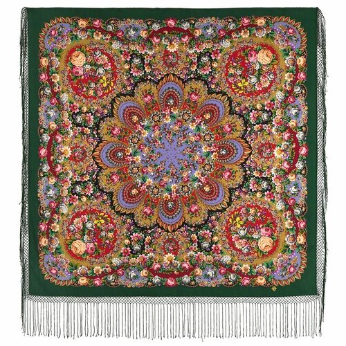 Платок Павловопосадская платочная мануфактура,148х148 см, фиолетовый, зеленый