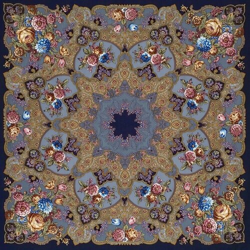 Платок Павловопосадская платочная мануфактура,148х148 см, синий, горчичный