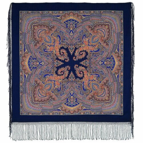 Платок Павловопосадская платочная мануфактура,148х148 см, синий, коричневый