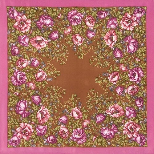 Платок Павловопосадская платочная мануфактура,65х65 см, розовый, коричневый