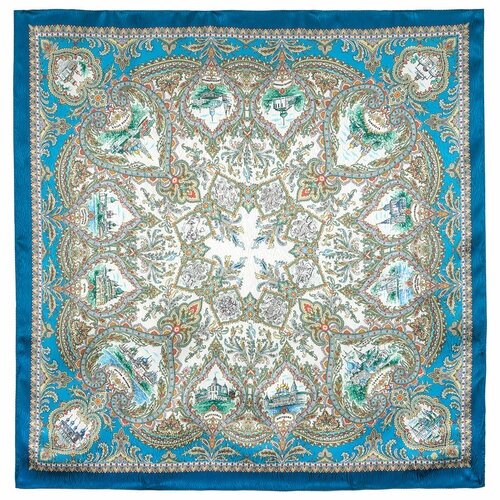 Платок Павловопосадская платочная мануфактура,89х89 см, голубой, белый