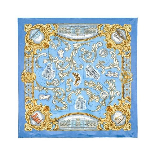 Платок Павловопосадская платочная мануфактура,89х89 см, золотой, голубой