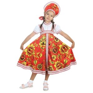 Русский народный костюм "Хохлома", платье, кокошник, цвет красный, размер 32, рост 122-128 см