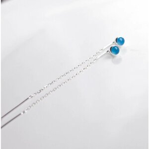 Серьги цепочки Серьги-протяжки с синим халцедоном из серебра 925 пробы., серебро, 925 проба, халцедон, размер/диаметр 5 мм., длина 8 см., голубой