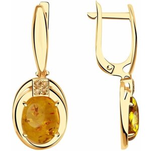 Серьги Diamant online, золото, 585 проба, фианит, янтарь, желтый