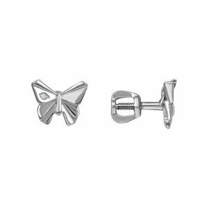 Серьги пусеты CORDE Серебряные серьги-пусеты оригами бабочки с бриллиантом, серебро, 925 проба, родирование, бриллиант, размер/диаметр 9 мм, серебряный