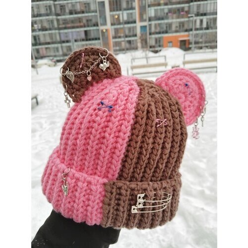 Шапка Вязанная шапка с ушками MaMaLu, размер 50/60, коричневый, розовый