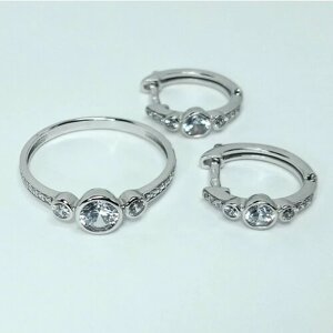 Ювелирный комплект: кольцо, серьги, серебро, 925 проба, родирование, фианит, размер кольца 19